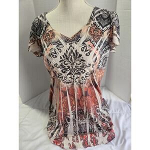 One World Top Women's L Boho V-Neck Flutter Sleeve Blouse Indie Pleated Retro